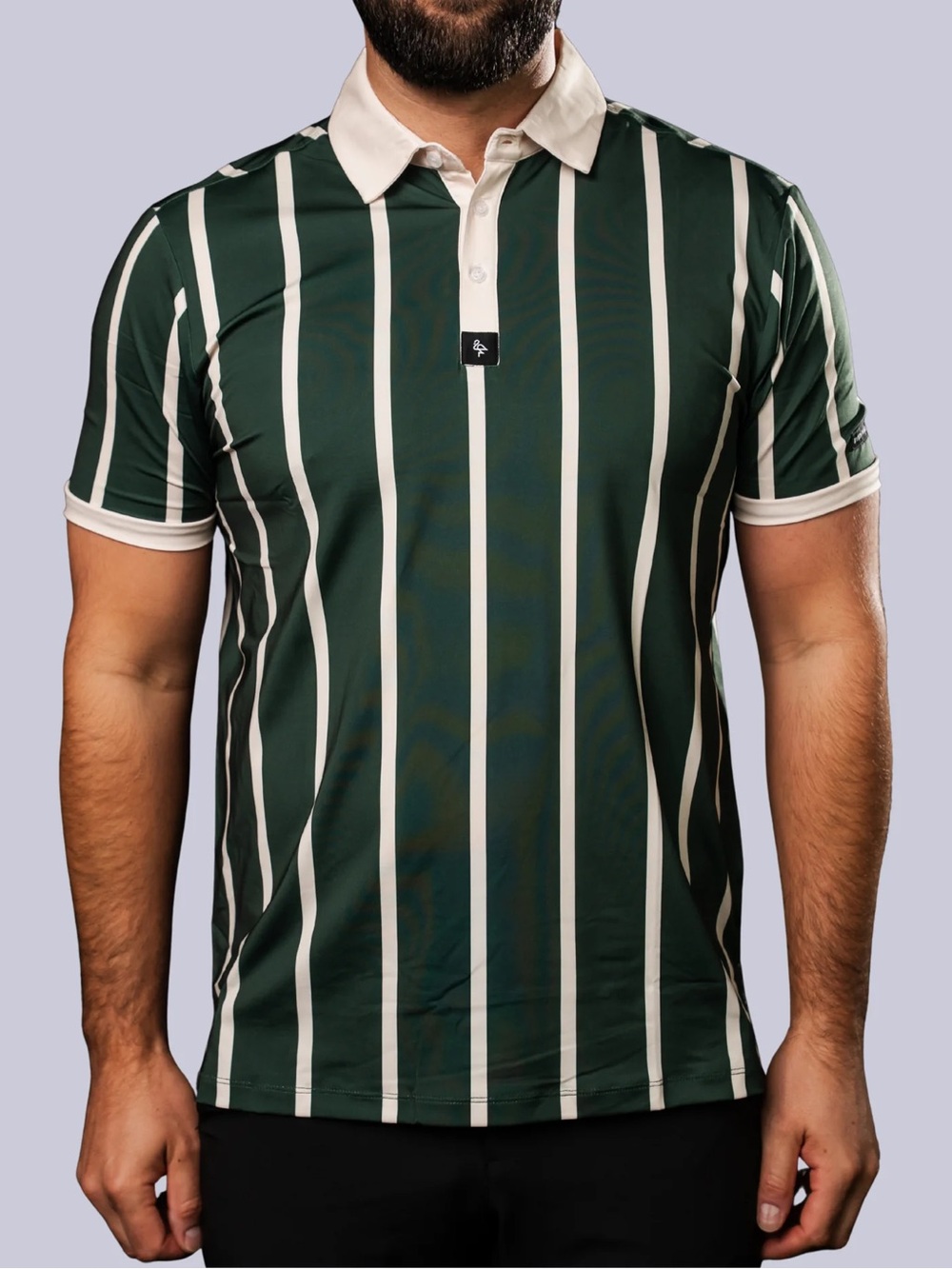 BYRDGANG Vertical Stripe Green Golf Polo Shirt with White Collar